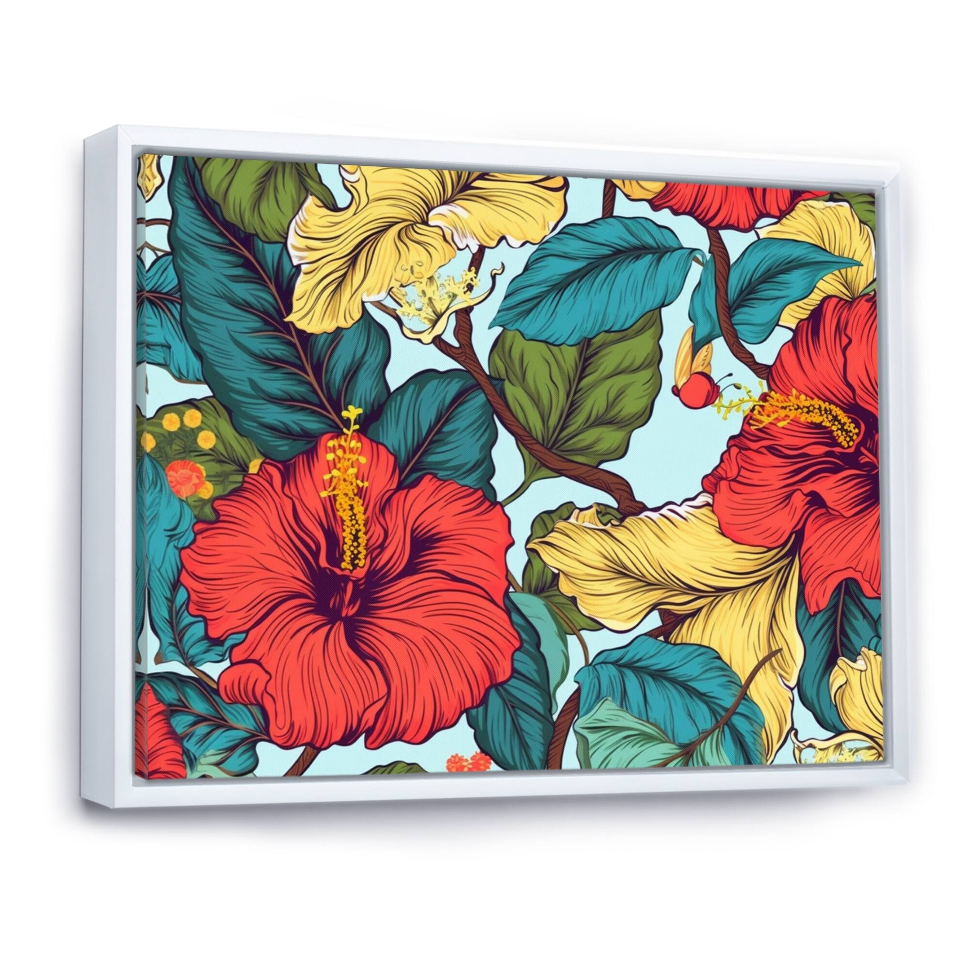 Designart "Coral Teal Tropical Hibiscus Harmony II" Hibiscus Framed